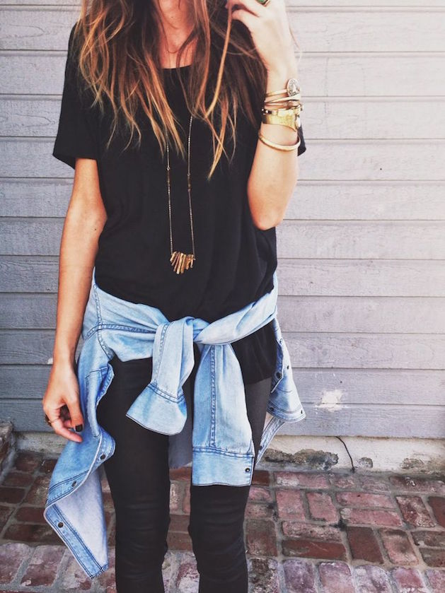 black tee, black leggings, jean jacket