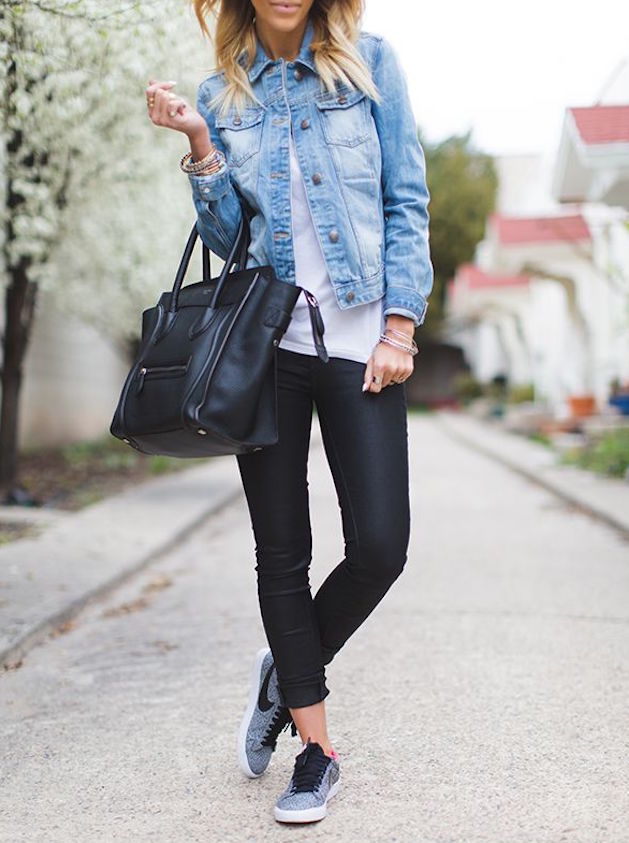 blonde woman with black pants, tennis shoes, and a jean jacket