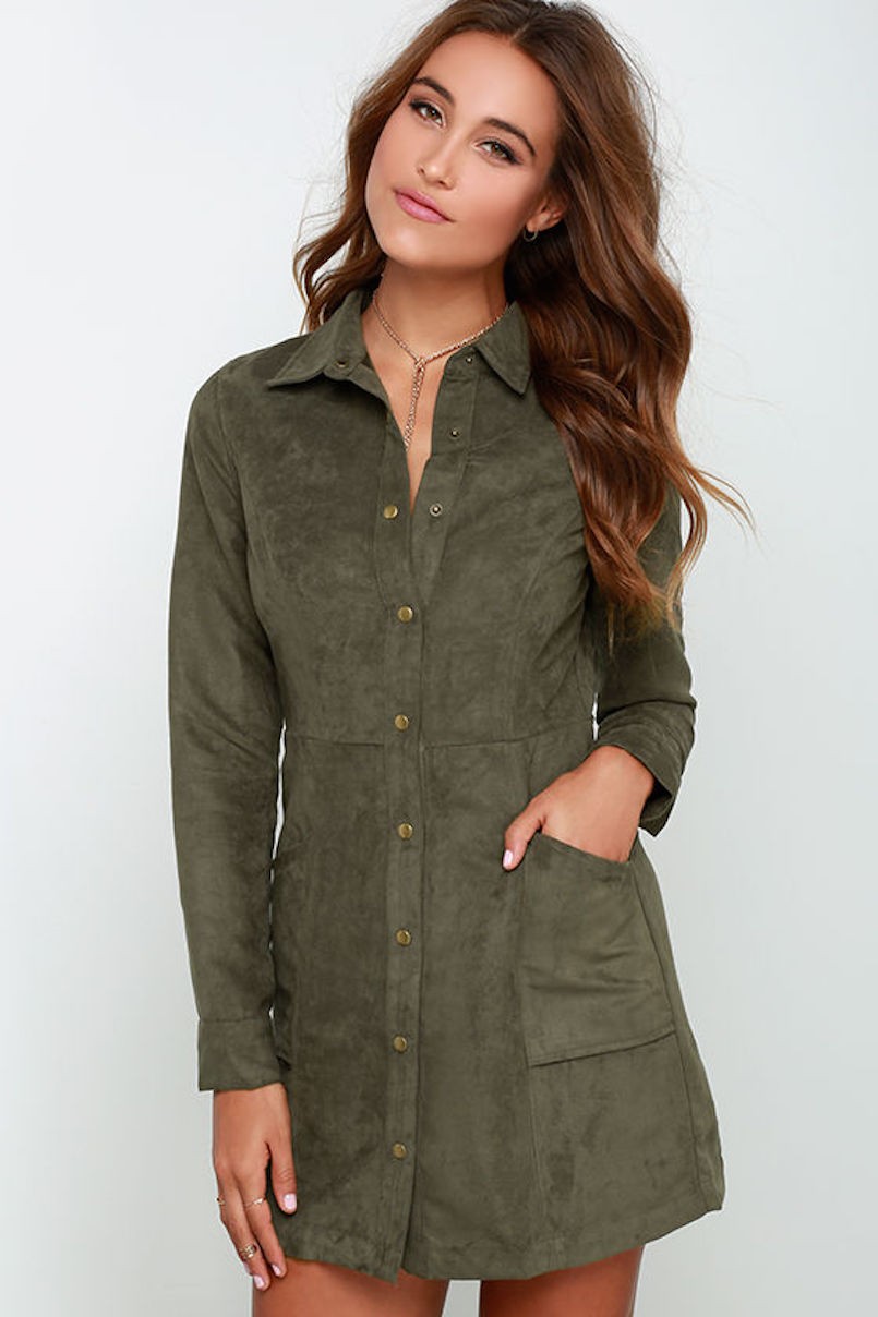 long sleeve olive green Lulu's suede dress