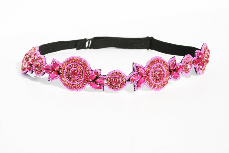 Hot Pink Rhinestone Diamond Adjustable Headband Elastic Vintage Bohemian Gatsby