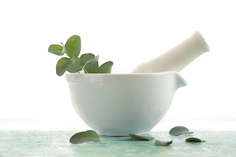 Eucalyptus leaves in mortar