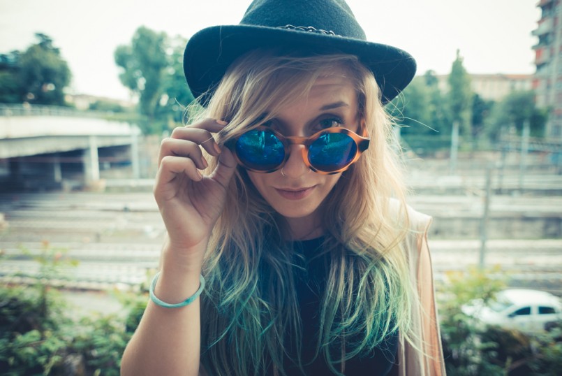 beautiful young blonde hair woman hipster in the city