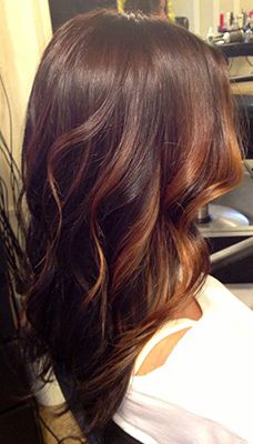 Caramel balayage highlights on brunette brown hair curls