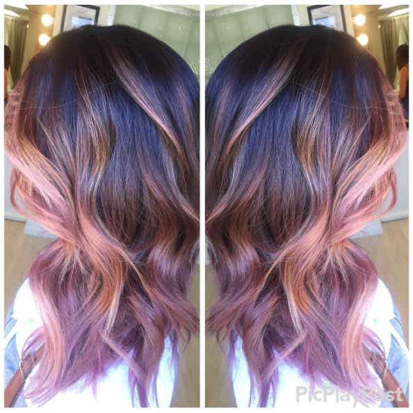 dusty rose gold with chocolate mauve hair color